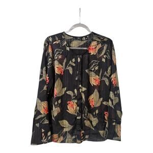 G by Guiliana Womens L Blouse Floral Hidden Button Up Sheer BLack Unlined READ